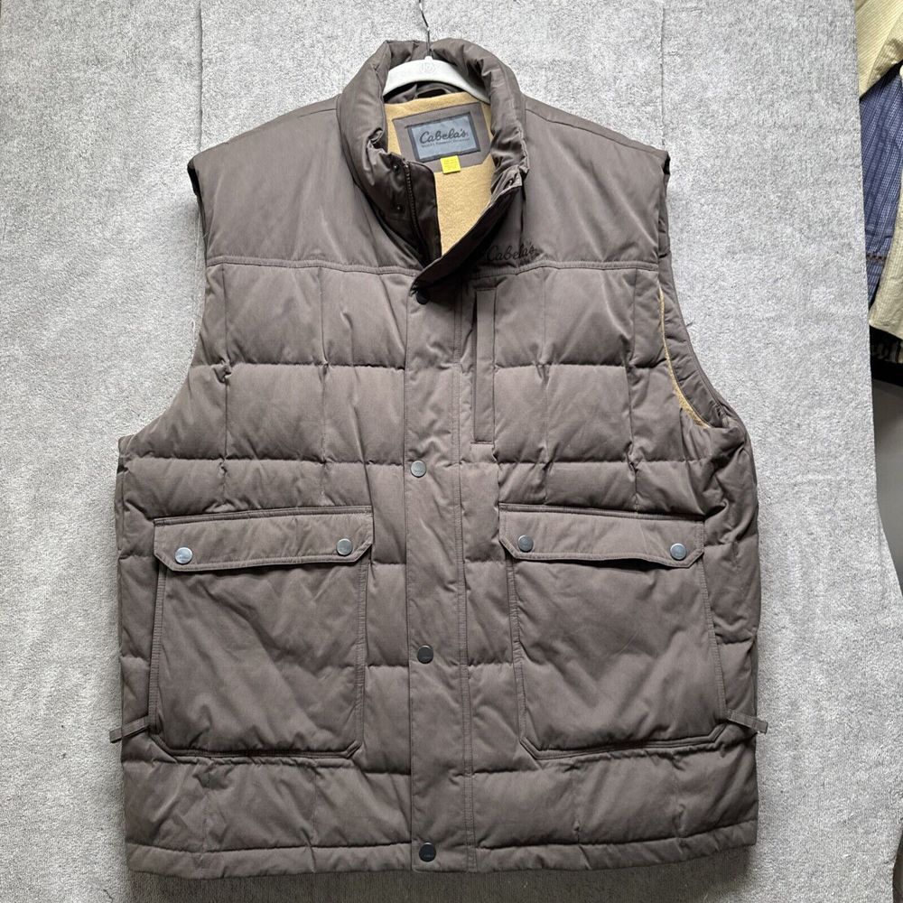 Cabelas Down Vest Mens 2XLT Brown Snap Front‎ Quilted Insulated Lined Pockets